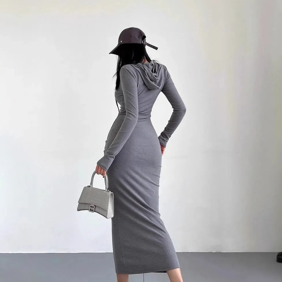 Women's sheath over-the-knee dress with hood and long sleeves in polyester, available in multiple colours
