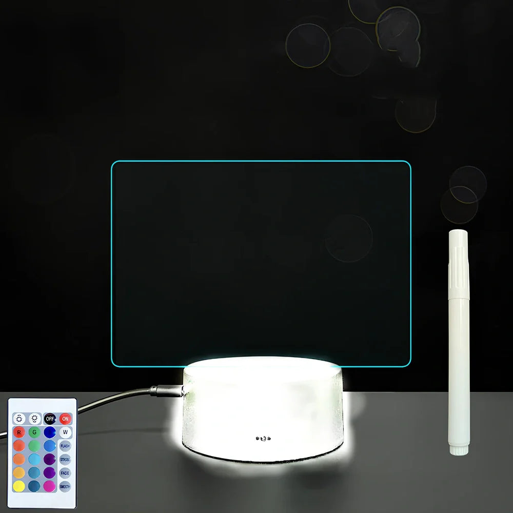 3D acrylic LED message board with touch controls showing illuminated writing on 3.5mm thick surface