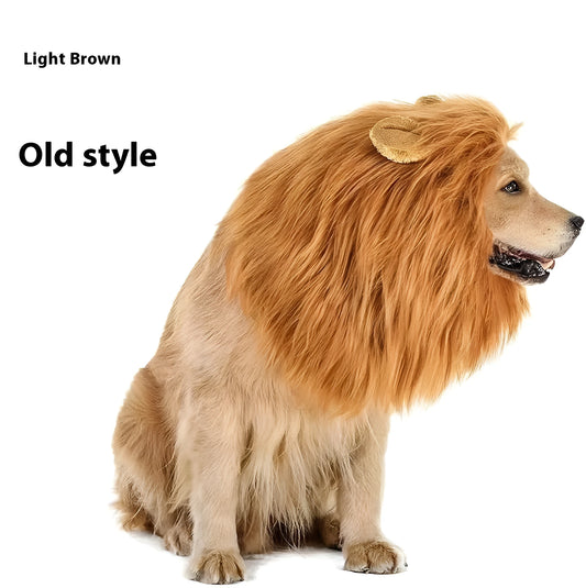 Dog wearing adjustable lion headdress costume with elastic neckband in light brown colour