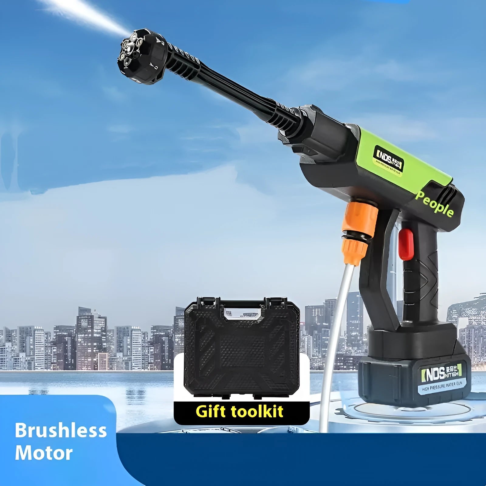 Wireless high-pressure water gun with green and yellow nozzle settings, measuring 400 mm, for outdoor cleaning tasks