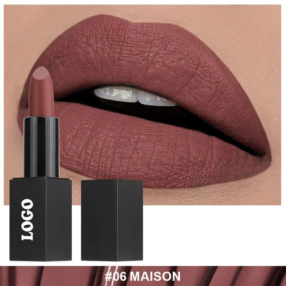 Beauty Does Not Fade matte finish lipstick in nonstick cup packaging, showing range of 24 colour shades.