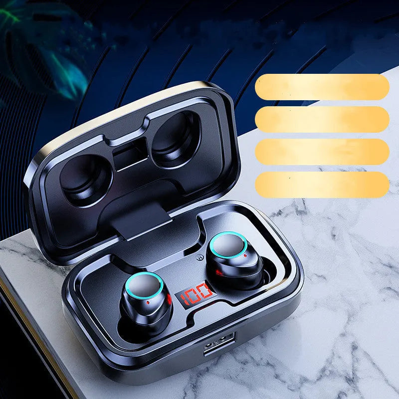 Wireless in-ear earphones with private mould design in black, blue, and red colour options showing Bluetooth connectivity