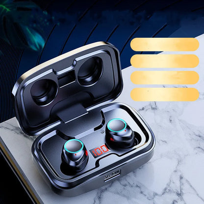 Wireless in-ear earphones with private mould design in black, blue, and red colour options showing Bluetooth connectivity