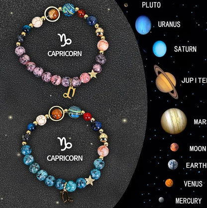 Twelve Zodiac Sign Beaded Bracelet Set with natural stone beads and adjustable 18-22cm length on a wrist
