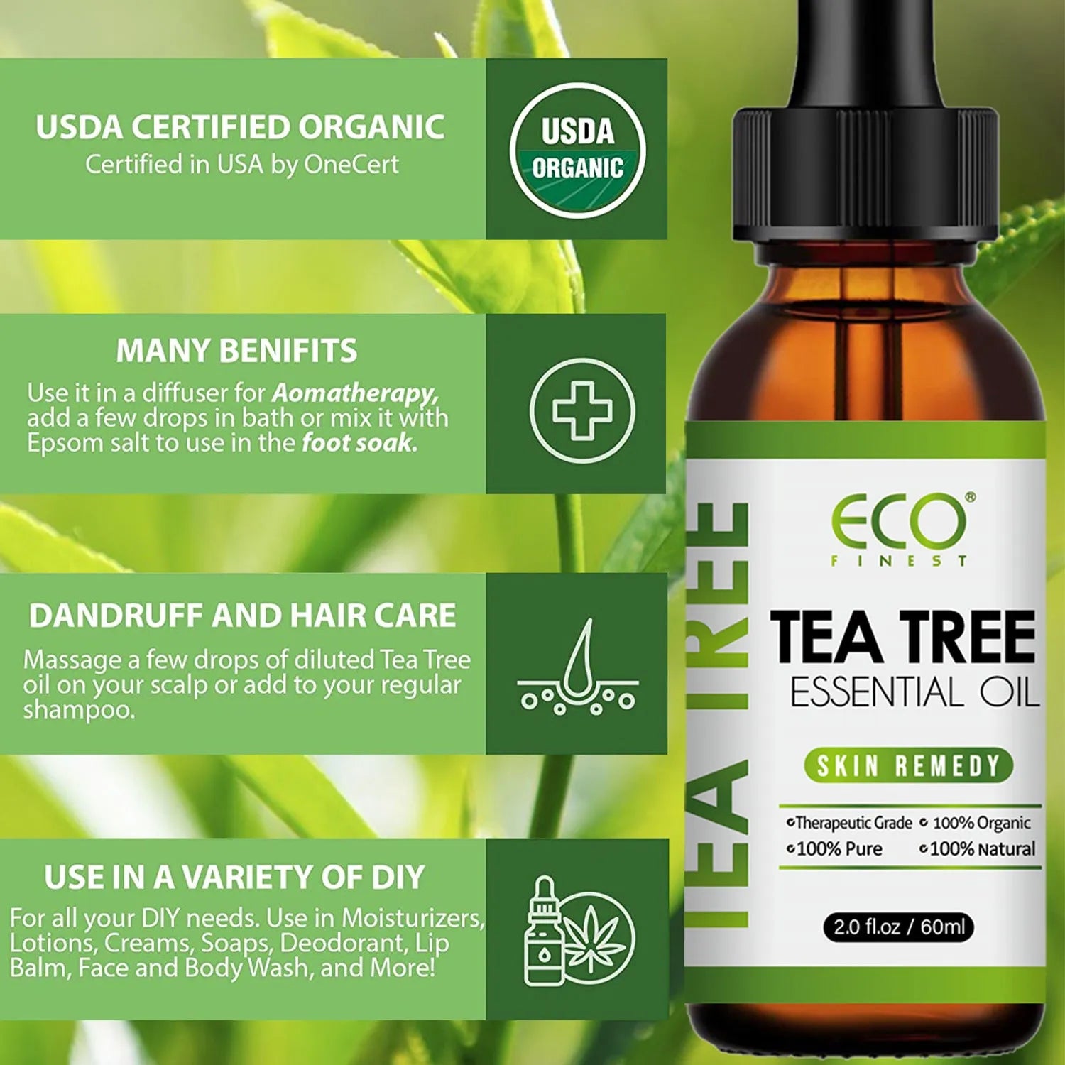 60ml bottle of pure tea tree essential oil for acne skincare and aromatherapy use