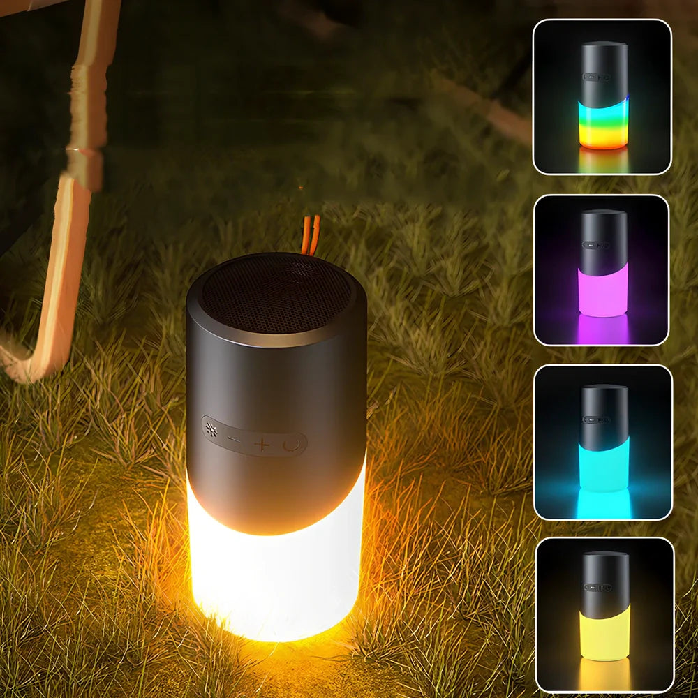 Black portable Bluetooth speaker with RGB lights, iron mesh covering, and compact circular design for outdoor audio