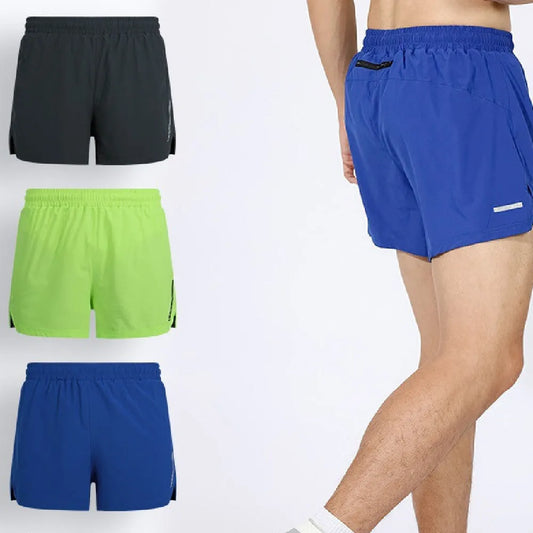 Men's quick-drying marathon running shorts in grey, black, fluorescent green, and colourful blue colours