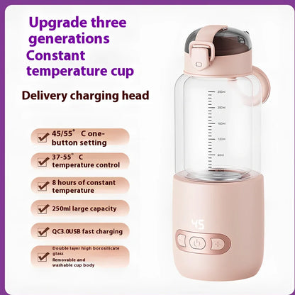 Wireless portable milk mixer with glass construction maintaining constant 37°C temperature for baby formula