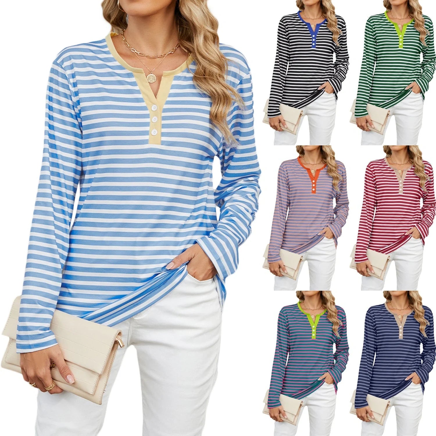 Stylish striped long-sleeve V-neck top for women in various color options