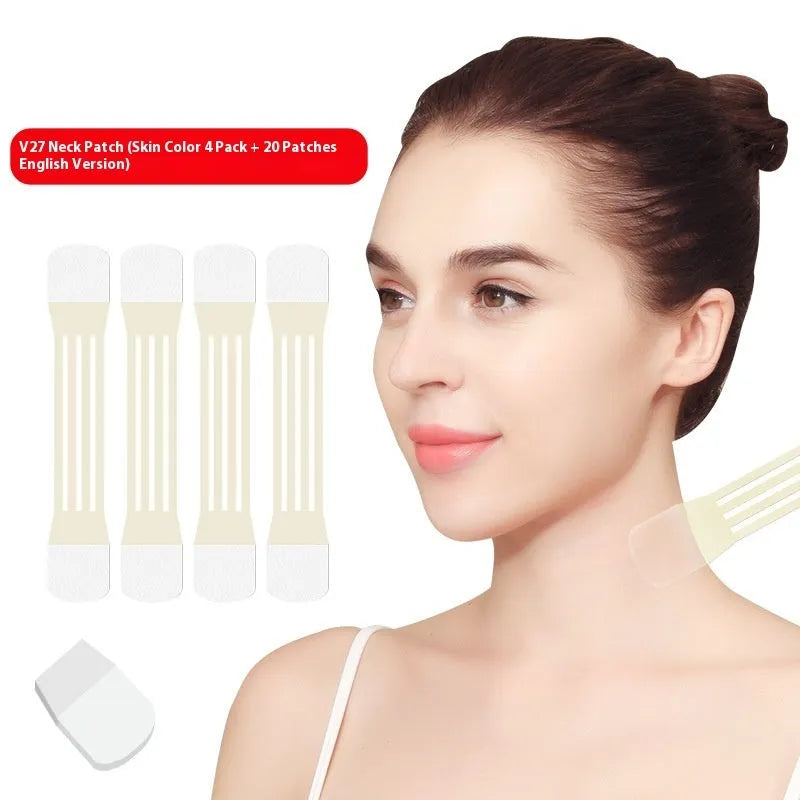 Skin tone neck firming adhesive tape with four straps and twenty patches in packaging