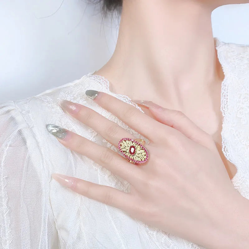 Gold-plated red corundum simulation jewellery set with necklace, ring and ear studs