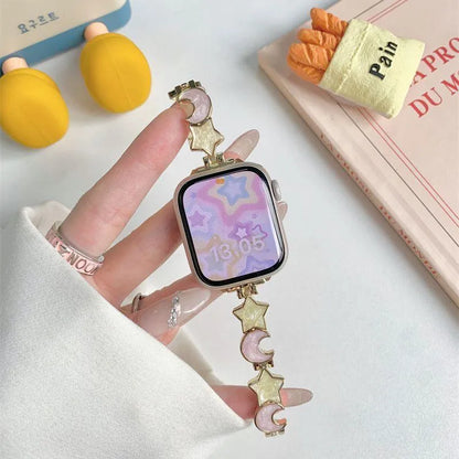 Metal chain Apple Watch strap with snap button, shown in star and moon colour options and two size ranges