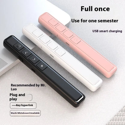 A whiteboard remote control pen for PPT presentations, shown in black, white, and pink colour options.
