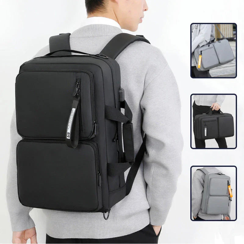Versatile business laptop backpack with large capacity, USB charging port, and stylish design in gray and black colors