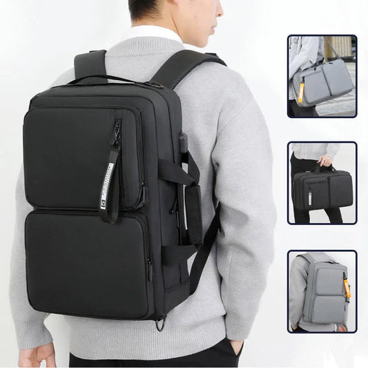 Versatile business laptop backpack with large capacity, USB charging port, and stylish design in gray and black colors