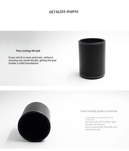 Round black leather pen container measuring 8.0cm diameter by 10.8cm height on wooden desk
