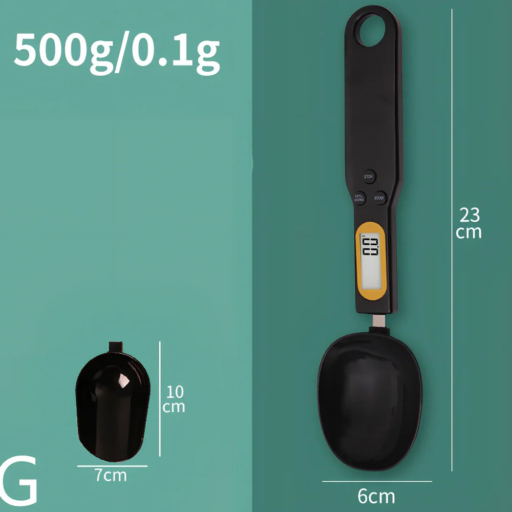 Digital kitchen spoon scale showing measurement display and USB charging port