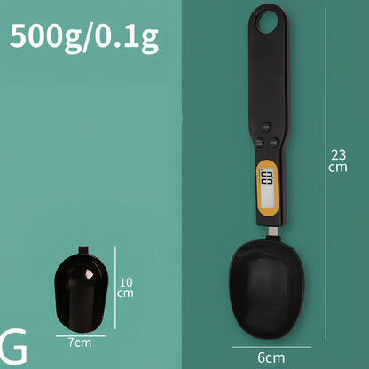 Digital kitchen spoon scale showing measurement display and USB charging port