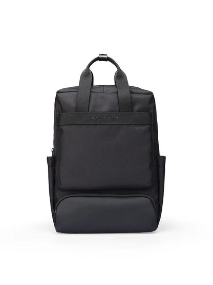 Elegant black Oxford cloth computer backpack with a 20-35 litre capacity.