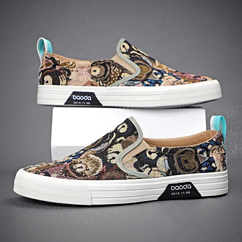 Men's low top canvas slip-on sneakers in khaki colour with vulcanised rubber sole.