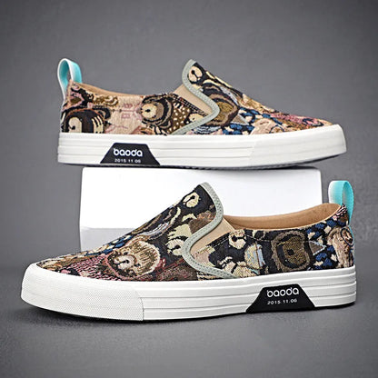 Men's low top canvas slip-on sneakers in khaki colour with vulcanised rubber sole.