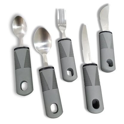 Stainless steel adaptive eating utensils with rubber handles and bendable components for elderly anti-shake support