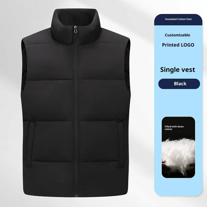 Men's soft shell down cotton work vest in black, red, or deep purple blue, sizes L to 5XL.
