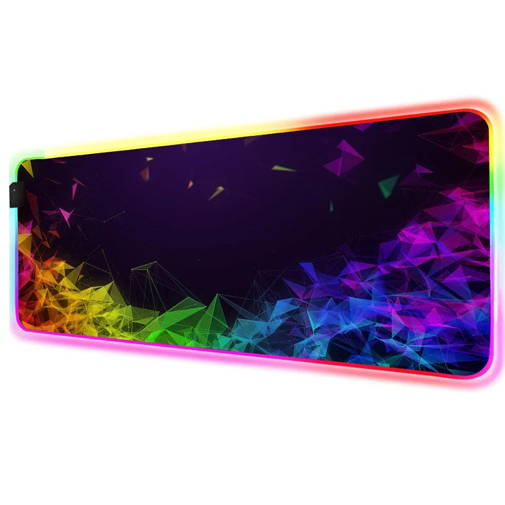 Black RGB gaming mouse pad with illuminated surface measuring 900x400mm and 4mm thickness
