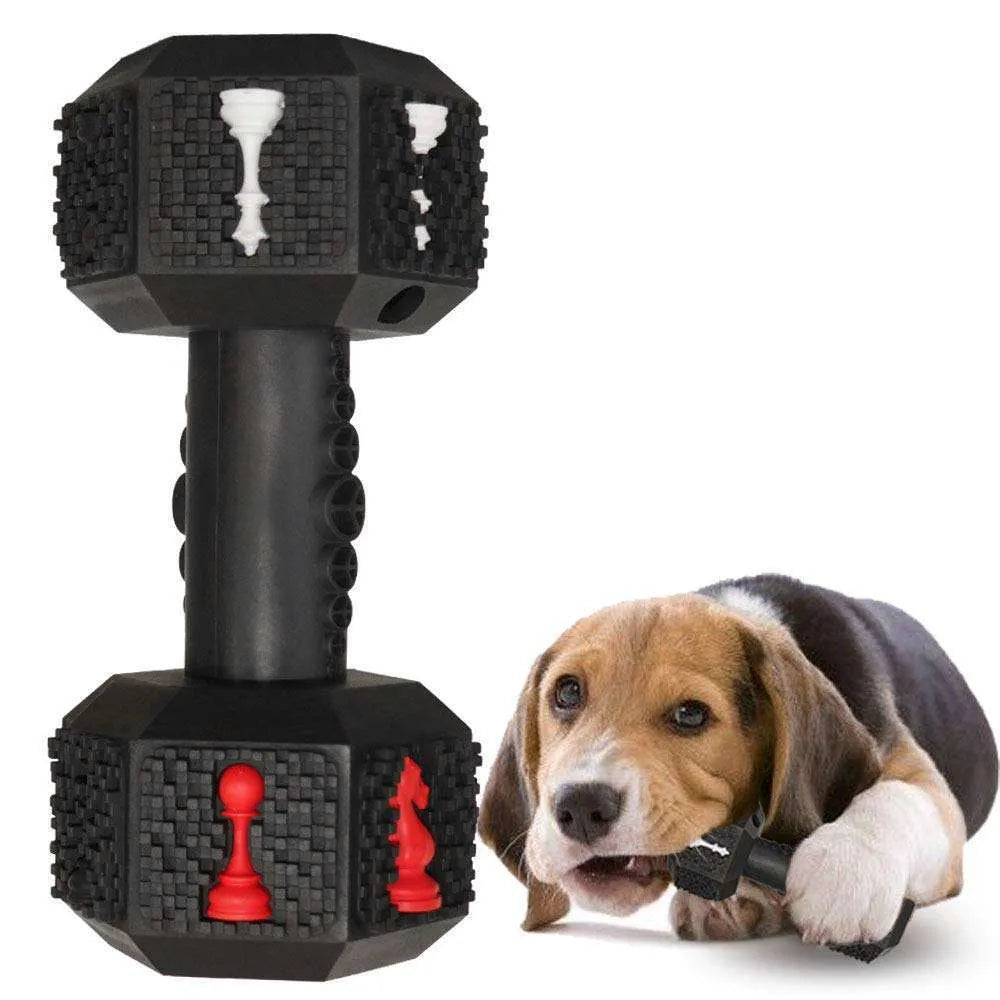 Dog chew toy with dumbbell design, 3D particle surface, hollow ends for treats, in black or blue colour