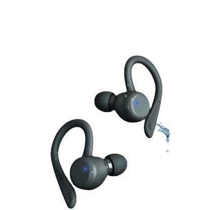 Sports true wireless hanging ear earphones in black, with removable ear hooks and multiple silicone earbuds.