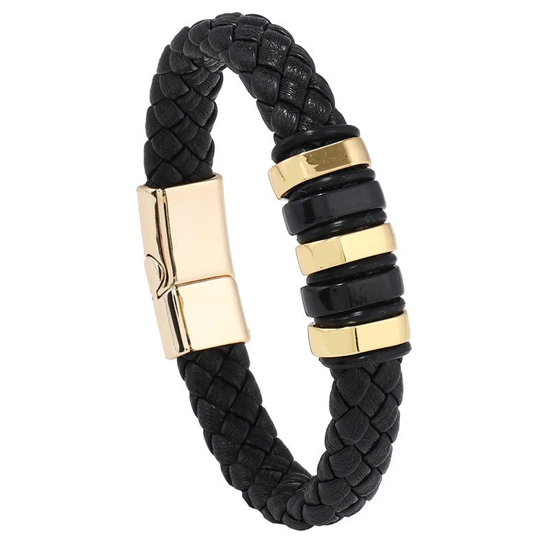 Stylish multi-layer leather woven bracelet in black, gold, white, and black & golden colors