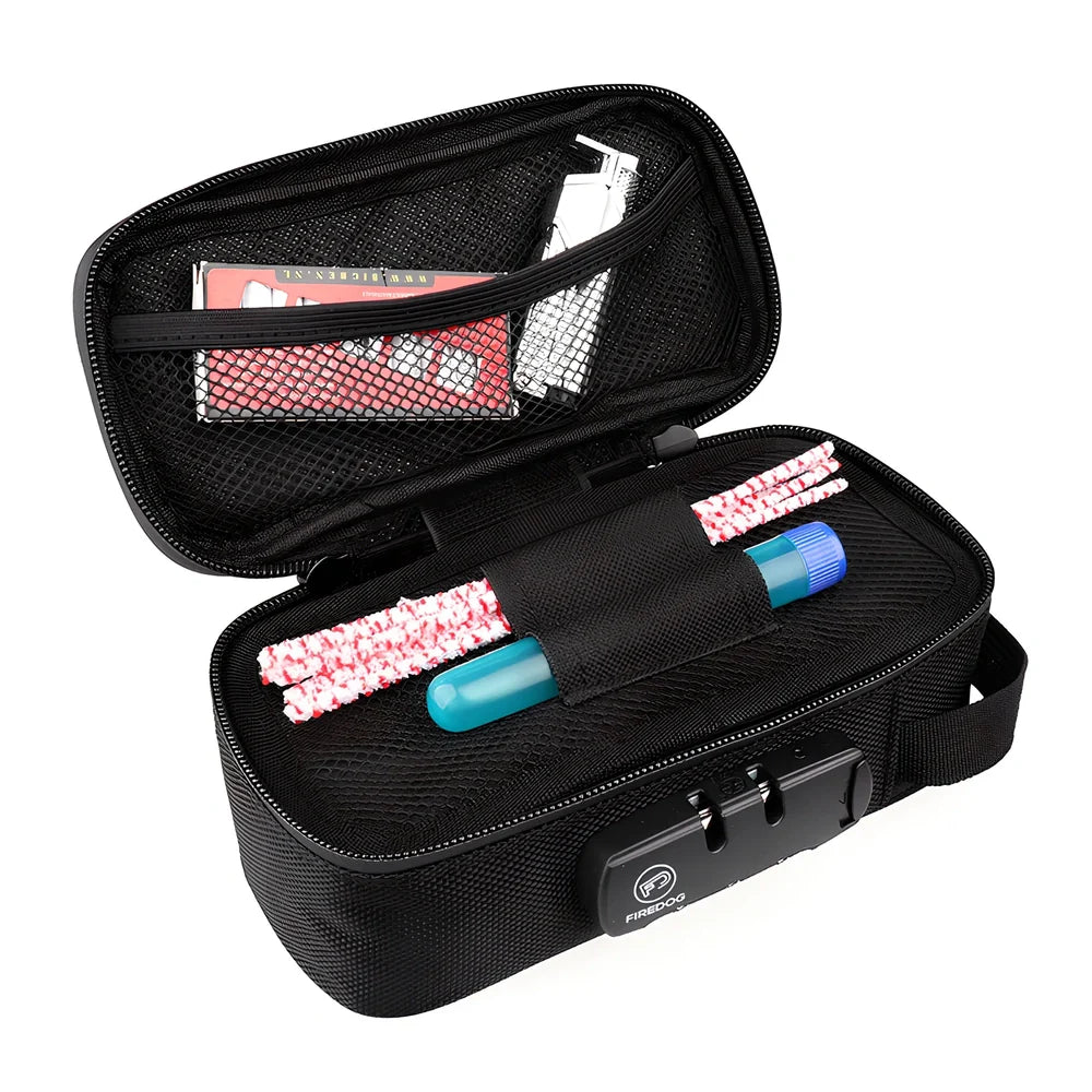 Black 20x10x7.2cm smell proof bag with lock, activated carbon lining and internal pockets for odour-free storage