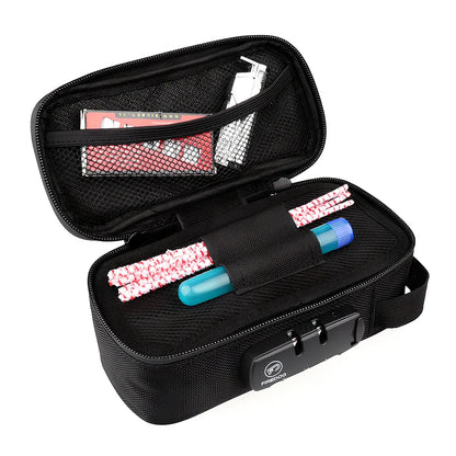 Black 20x10x7.2cm smell proof bag with lock, activated carbon lining and internal pockets for odour-free storage