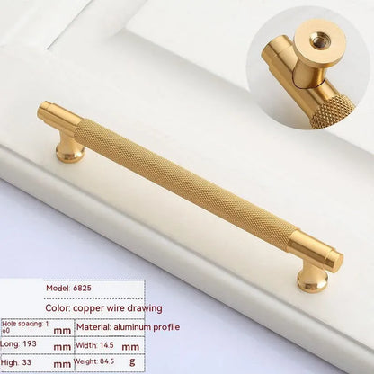 Brushed brass aluminium furniture handle shown alongside hole spacing options of 96mm, 128mm, and 160mm.