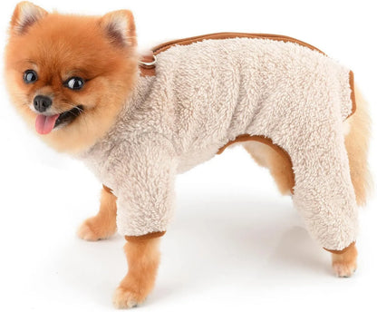 Green plush fleece dog jumpsuit coat with a back zipper and D-rings on a small dog.