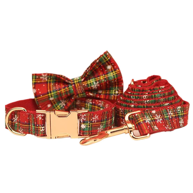 Christmas pet collar and leash set with red snowflake plaid dog collar, matching rope leash, bowknot, and floral vest for festive holiday dressing in sizes XS to XL