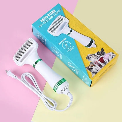 Pet hair dryer and grooming comb tool with adjustable temperature settings for dog and cat grooming