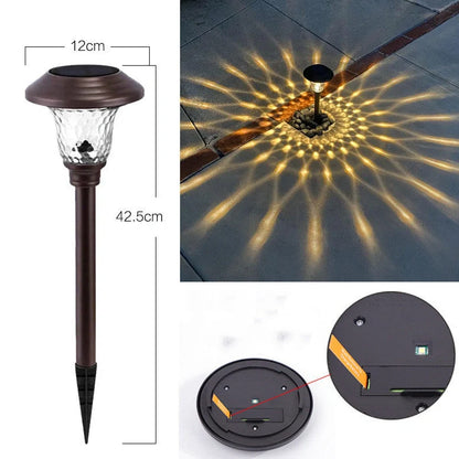 Solar outdoor lawn light in garden setting showing 12×12×42.5cm dimensions and solar panel