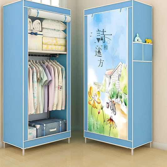 Single dormitory wardrobe with steel frame and fabric enclosure measuring 70×45×150cm