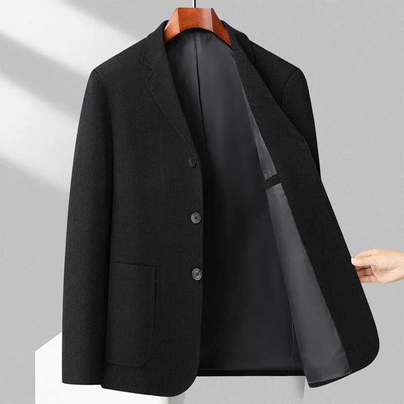 Men's loose-fit woolen coat in black, khaki, gray, or dark blue, made from polyester fabric for spring and autumn wear