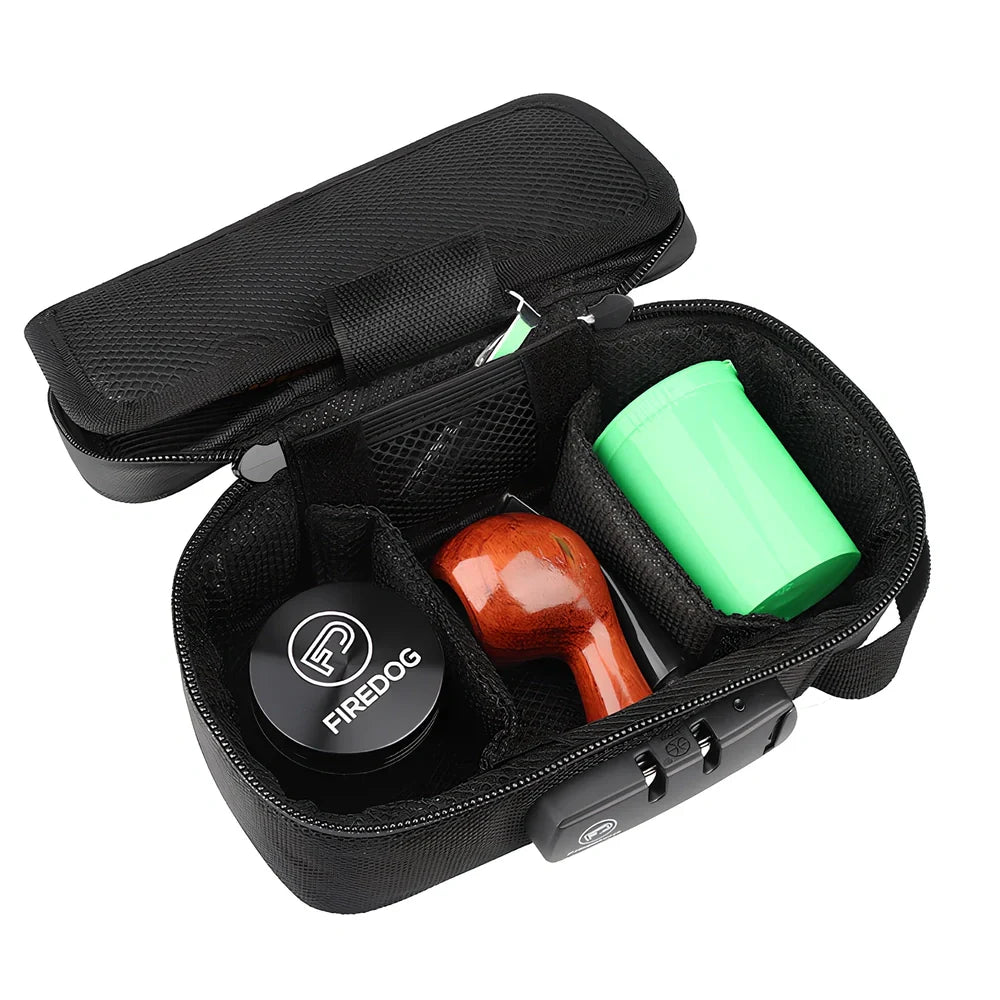 Black 20x10x7.2cm smell proof bag with lock, activated carbon lining and internal pockets for odour-free storage