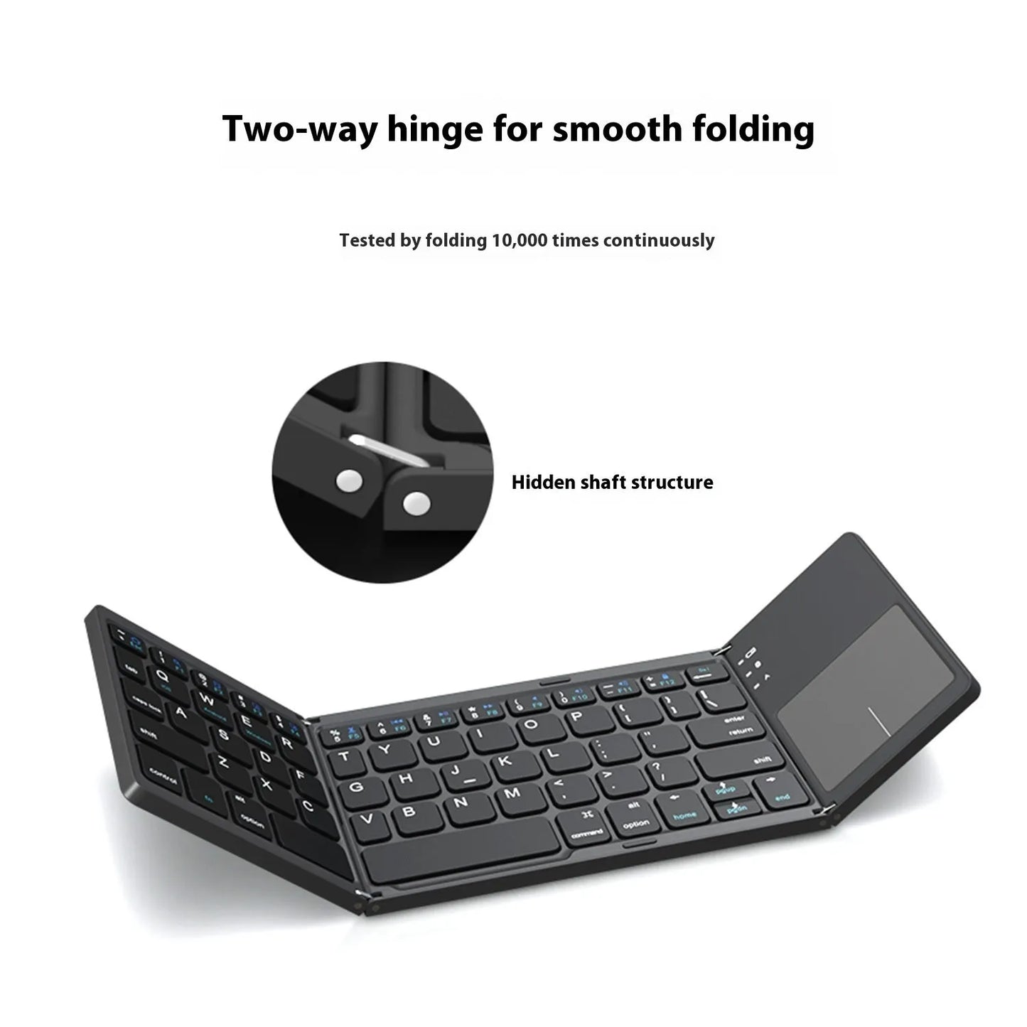 Tri-fold Bluetooth keyboard in black showing compact folded size next to smartphone