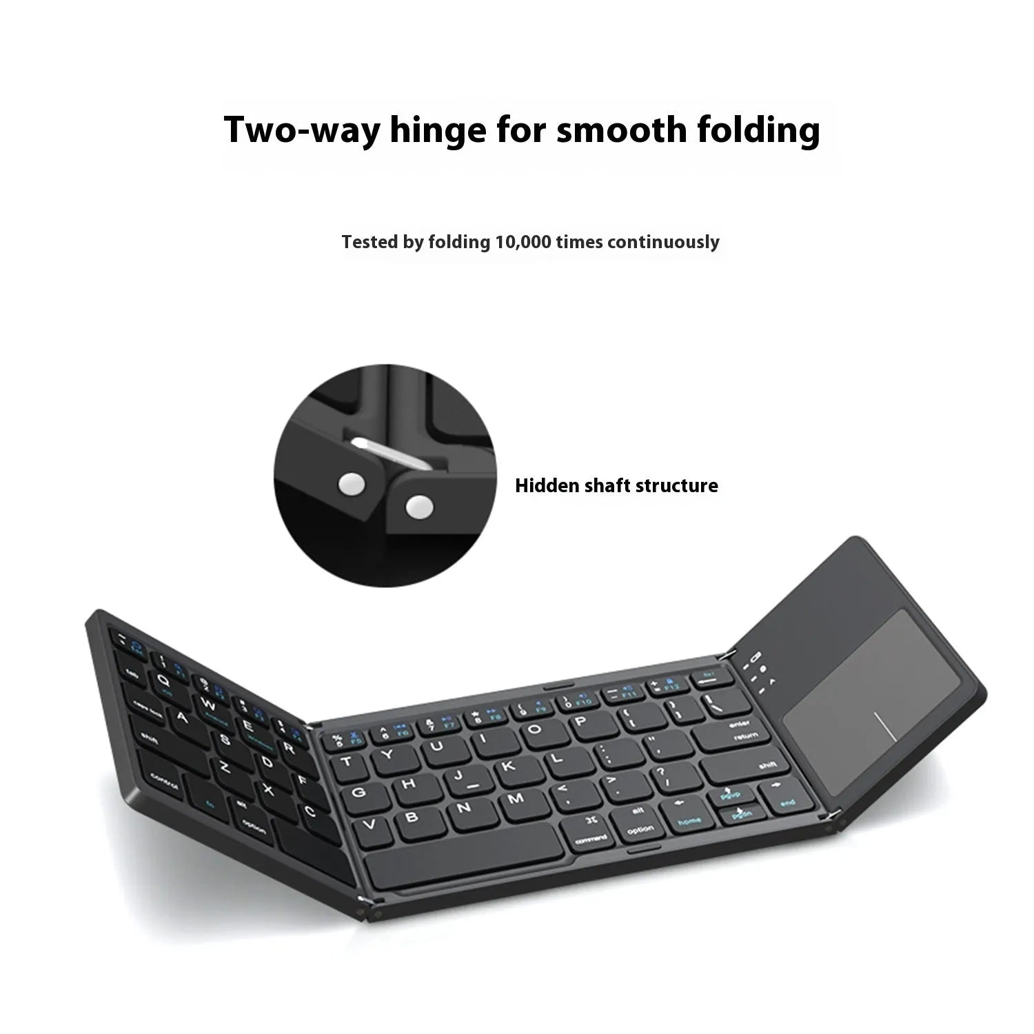 Tri-fold Bluetooth keyboard in black showing compact folded size next to smartphone