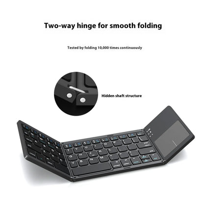 Tri-fold Bluetooth keyboard in black showing compact folded size next to smartphone