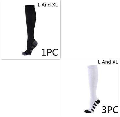 Athletic compression socks with three-bar design in black, pink, and white