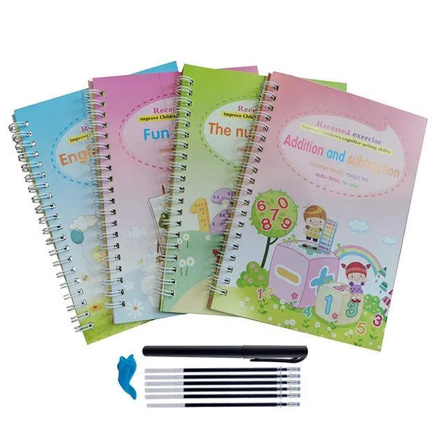 Magic calligraphy copybook set with stylus for children's handwriting practice showing 3D slot design