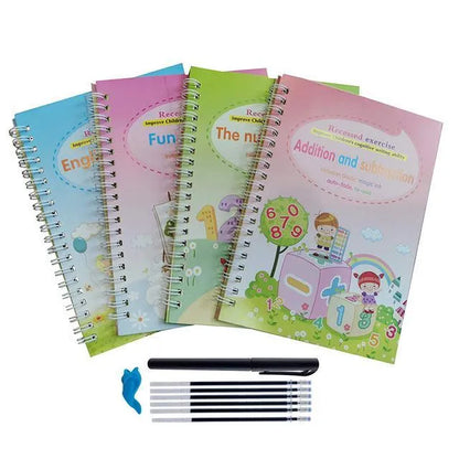 Magic calligraphy copybook set with stylus for children's handwriting practice showing 3D slot design
