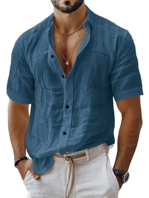 Men's short sleeve lapel shirt in cotton linen blend available in multiple solid colours