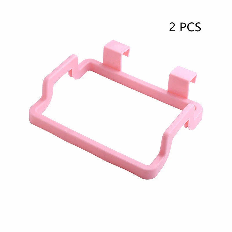 Eco-friendly over-the-door trash bag holder in various colors for organized kitchen storage