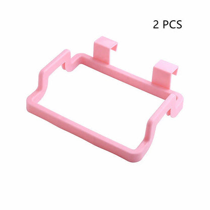 Eco-friendly over-the-door trash bag holder in various colors for organized kitchen storage
